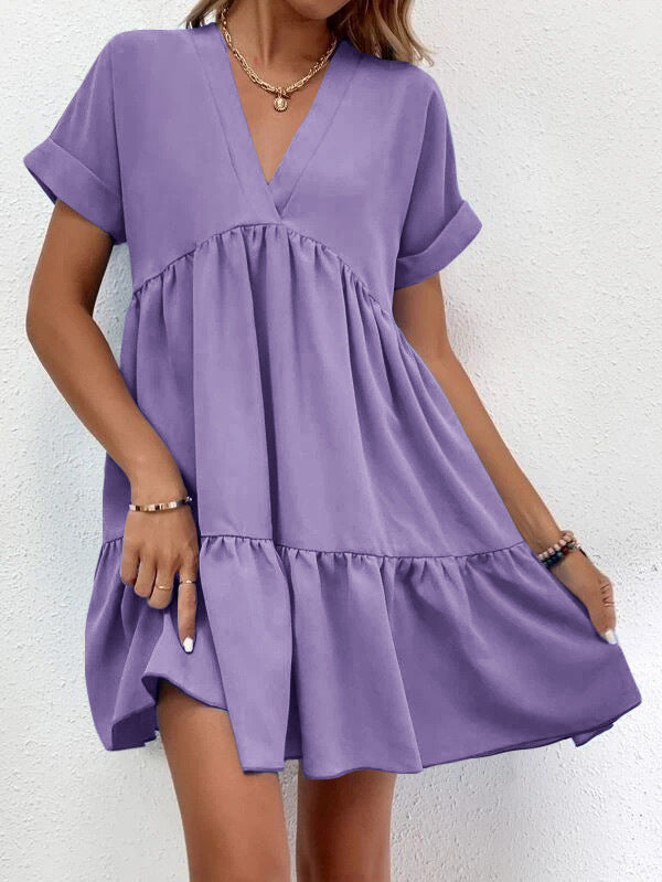 New Short-sleeved V-neck Dress Summer Casual Sweet Ruffled Dresses Solid Color Holiday Beach Dress For Womens Clothing - globaltradeleader