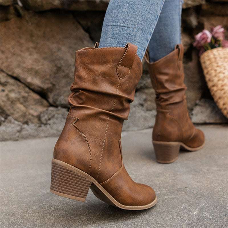Vintage Western Cowboy Boots For Women Square Heels PU Leather Mid-Calf Shoes Autumn Winter Knight Boots Ladies - globaltradeleader