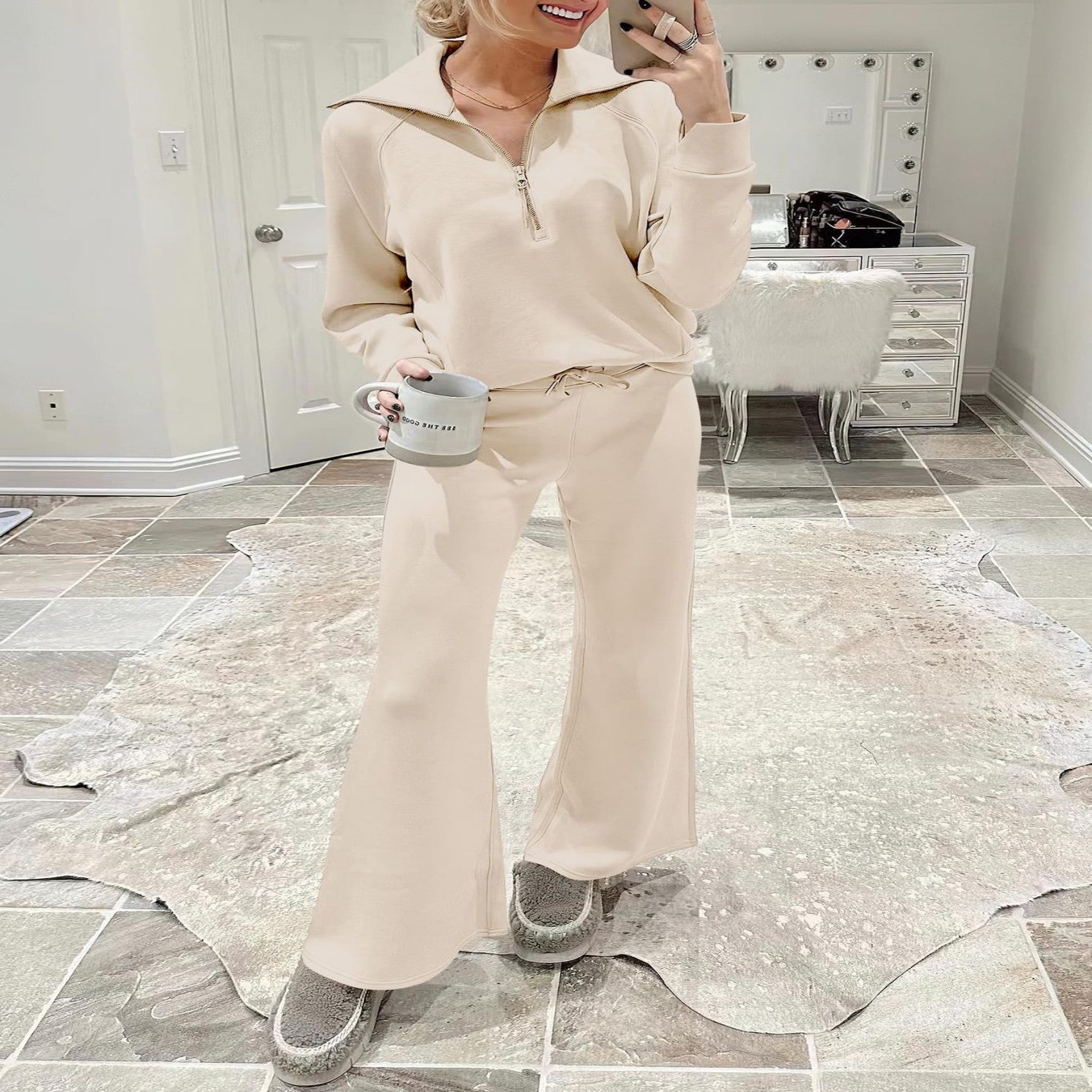 Leisure Sports Suit Long-sleeve Zipper Sweatshirt Wide Leg Pants Two-piece Set - globaltradeleader