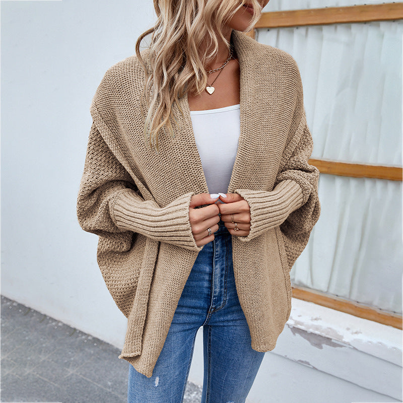 New Loose Knitted Sweater Solid Color Bat Sleeve Large Lapel Cardigan Autumn And Winter Fashion Jacket For Women Clothing - globaltradeleader