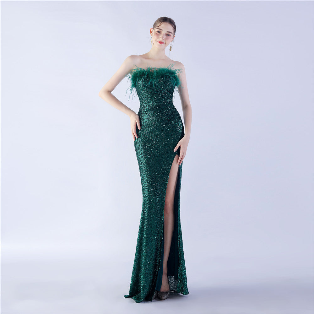Ostrich Feather Shrink Folding Wrinkle Craft Host High-end Evening Dress - globaltradeleader