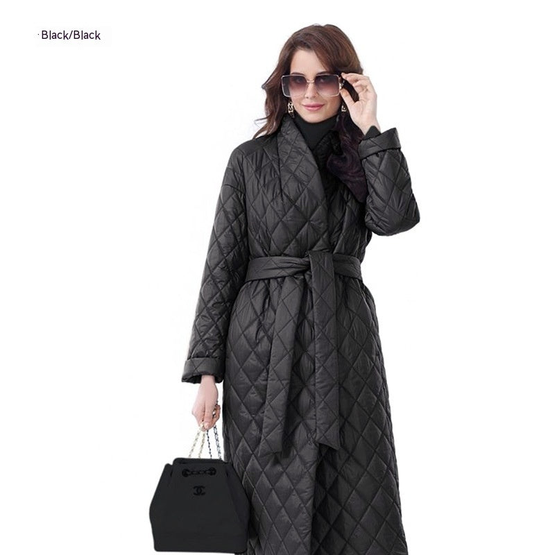 Winter Slim-fit Lace Up Lapel Long Sleeve Plaid Long Coat