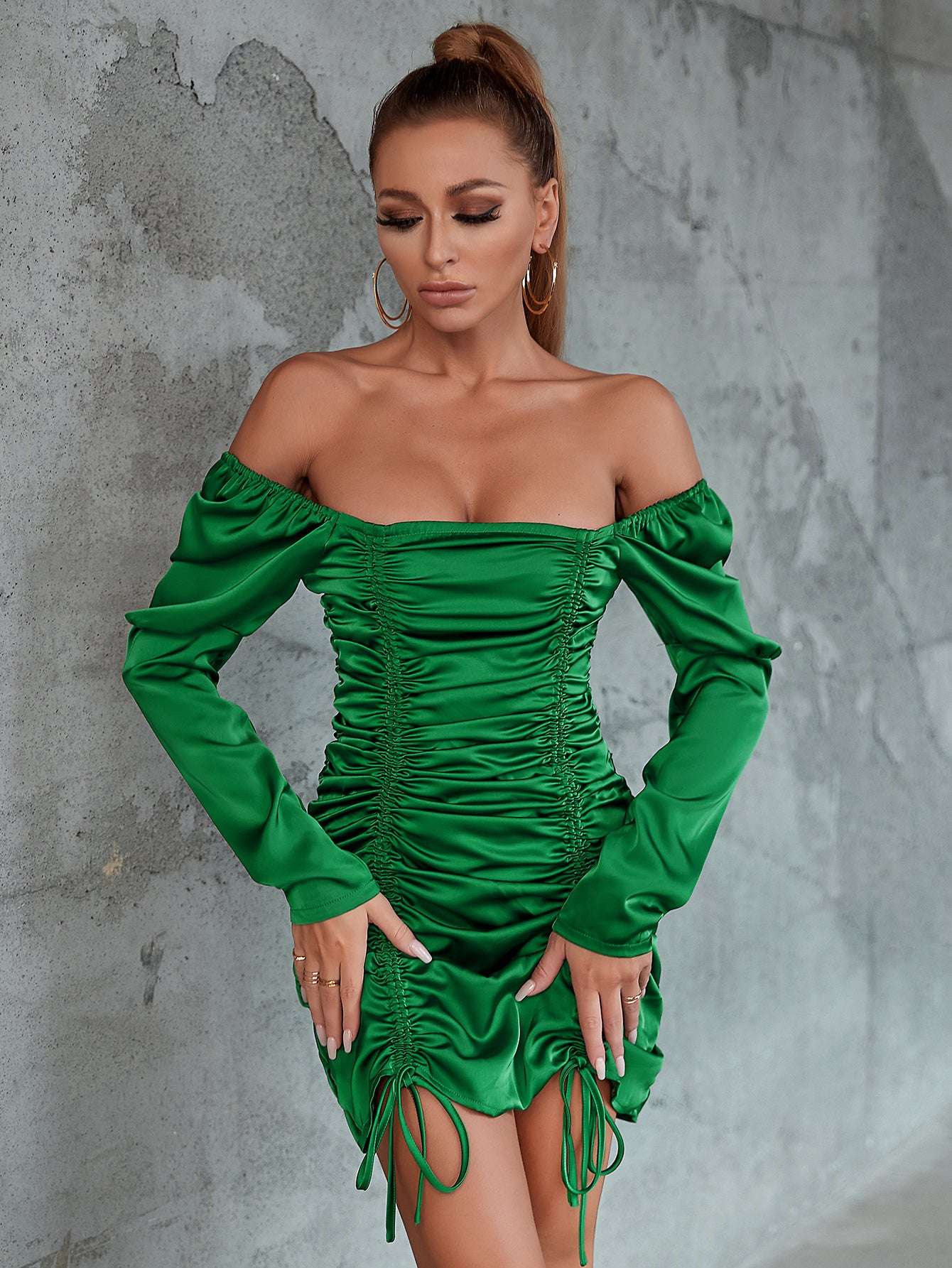 New Satin Square Neck Gathered Hip Skirt Puff Sleeve Dance Floor Party Skirt