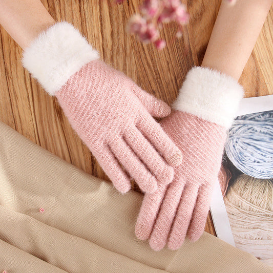 Touch Screen Gloves Female Winter Warm Thickened Knitting Cute Wool Mink-like Velvet Five Finger Gloves - globaltradeleader