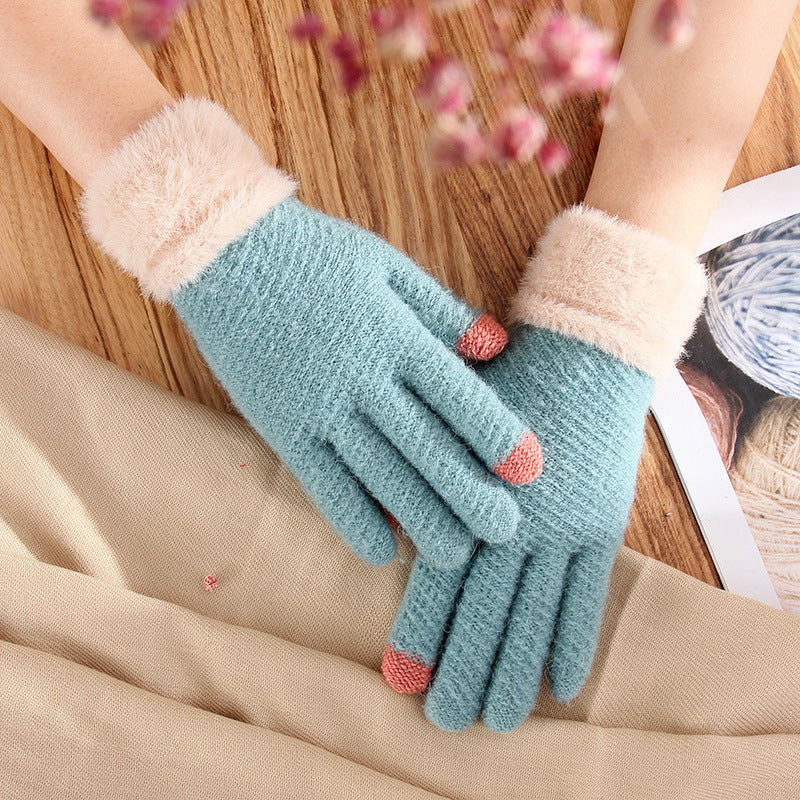 Touch Screen Gloves Female Winter Warm Thickened Knitting Cute Wool Mink-like Velvet Five Finger Gloves - globaltradeleader