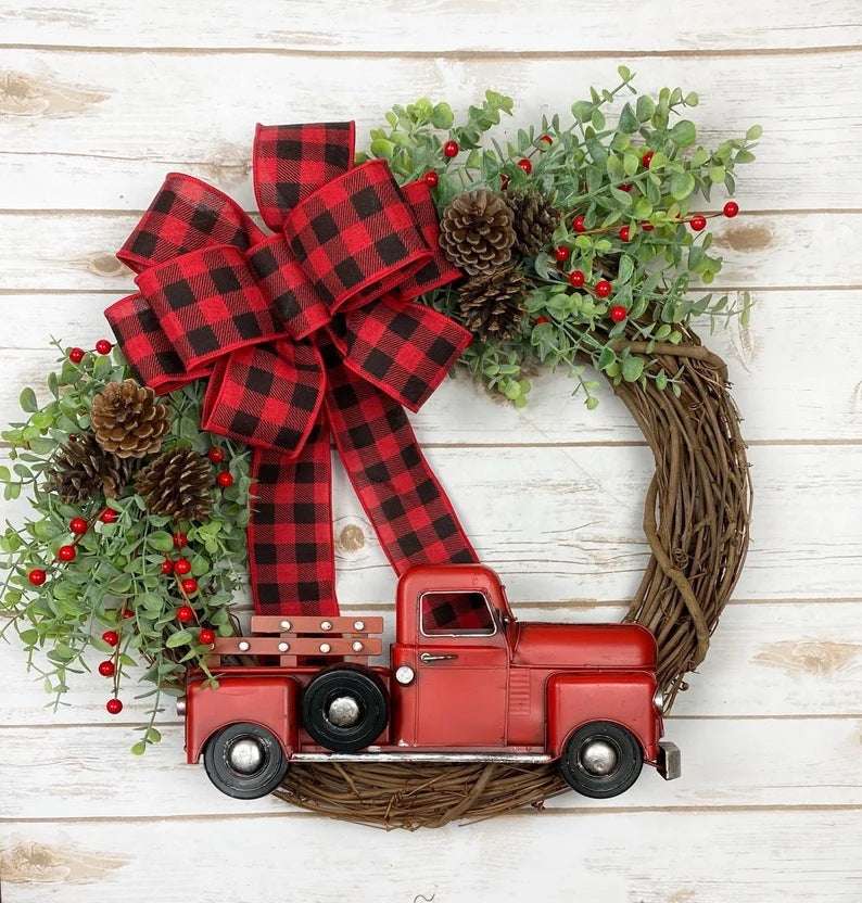 Christmas Truck Eucalyptus With Red Fruit Door Hanging Wreath With Truck