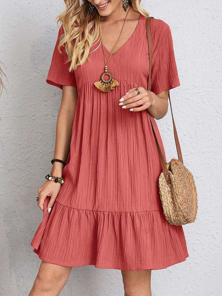 V-neck Short Sleeve Dress Summer Fashion Casual Loose Ruffled Dresses Beach Clothing Women - globaltradeleader