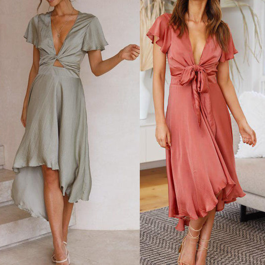 Summer Women's V-neck Irregular Dress - globaltradeleader