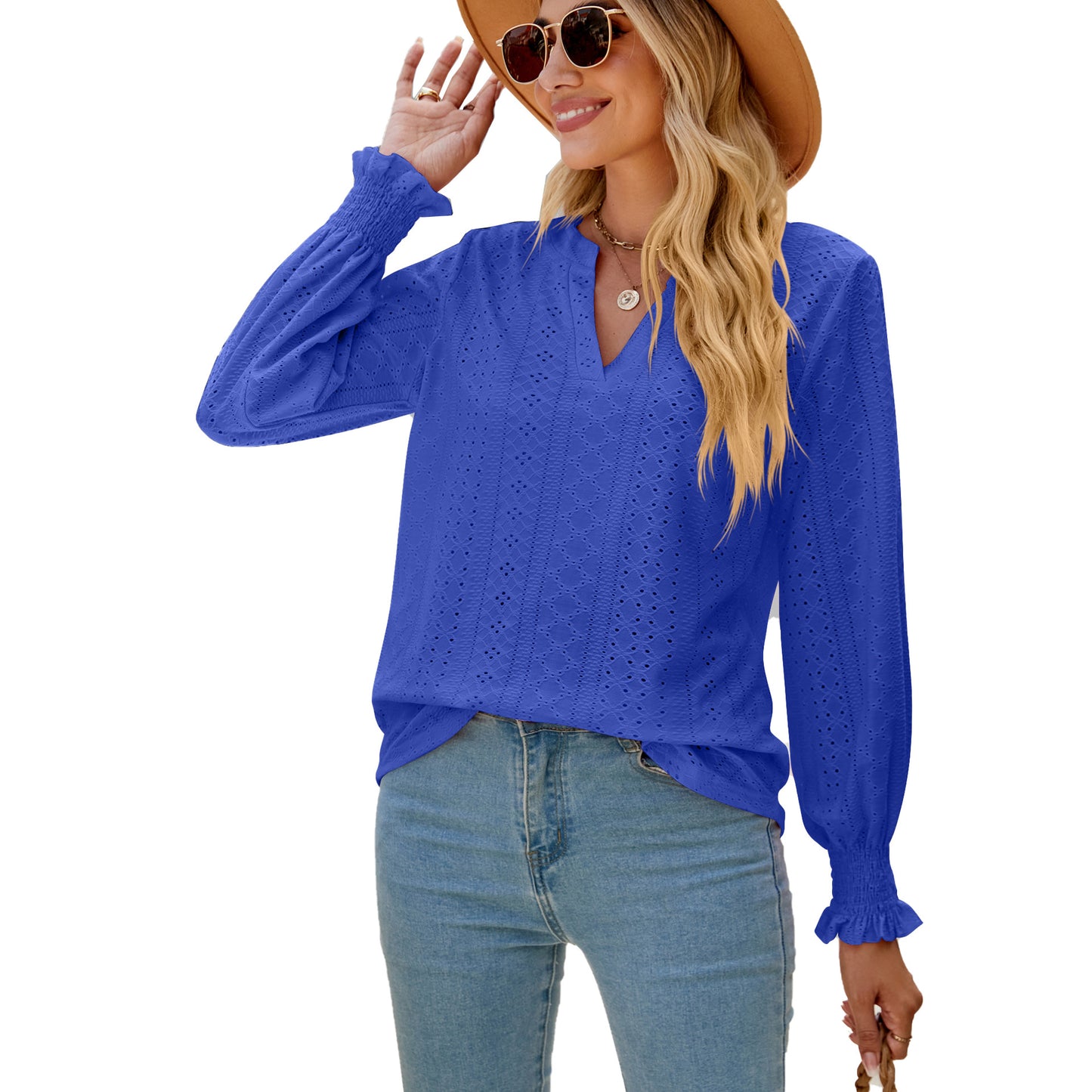 Solid Color Hollow-out Pleated Ruffle Shirts Sleeve V-neck Loose Long Sleeve Tops Women - globaltradeleader