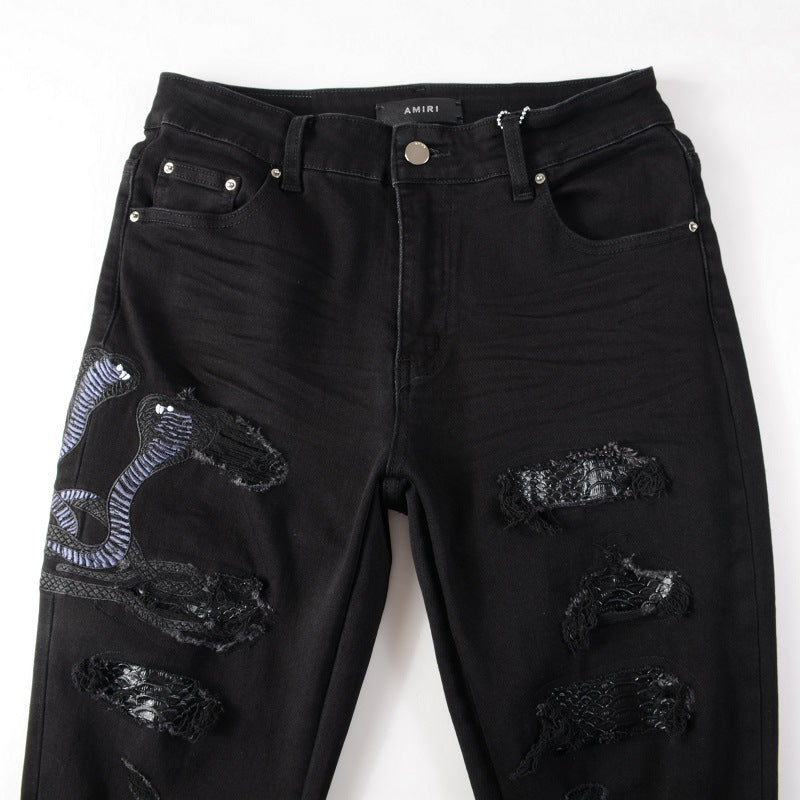 Broken Jeans With Elastic Embroidery Snake