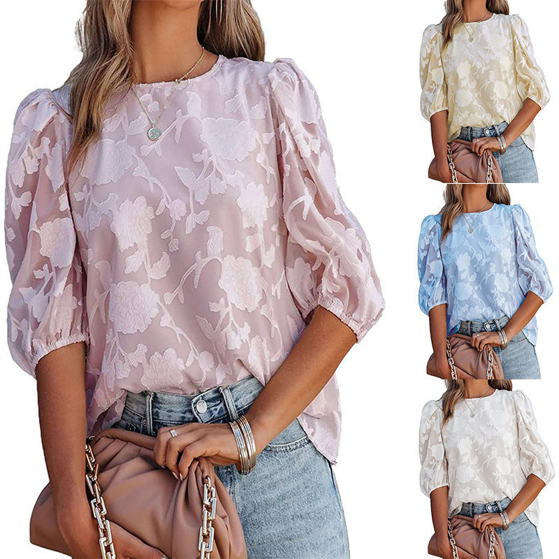 Women's Puff Sleeve Chiffon Loose Top Flower Texture Shirt - globaltradeleader