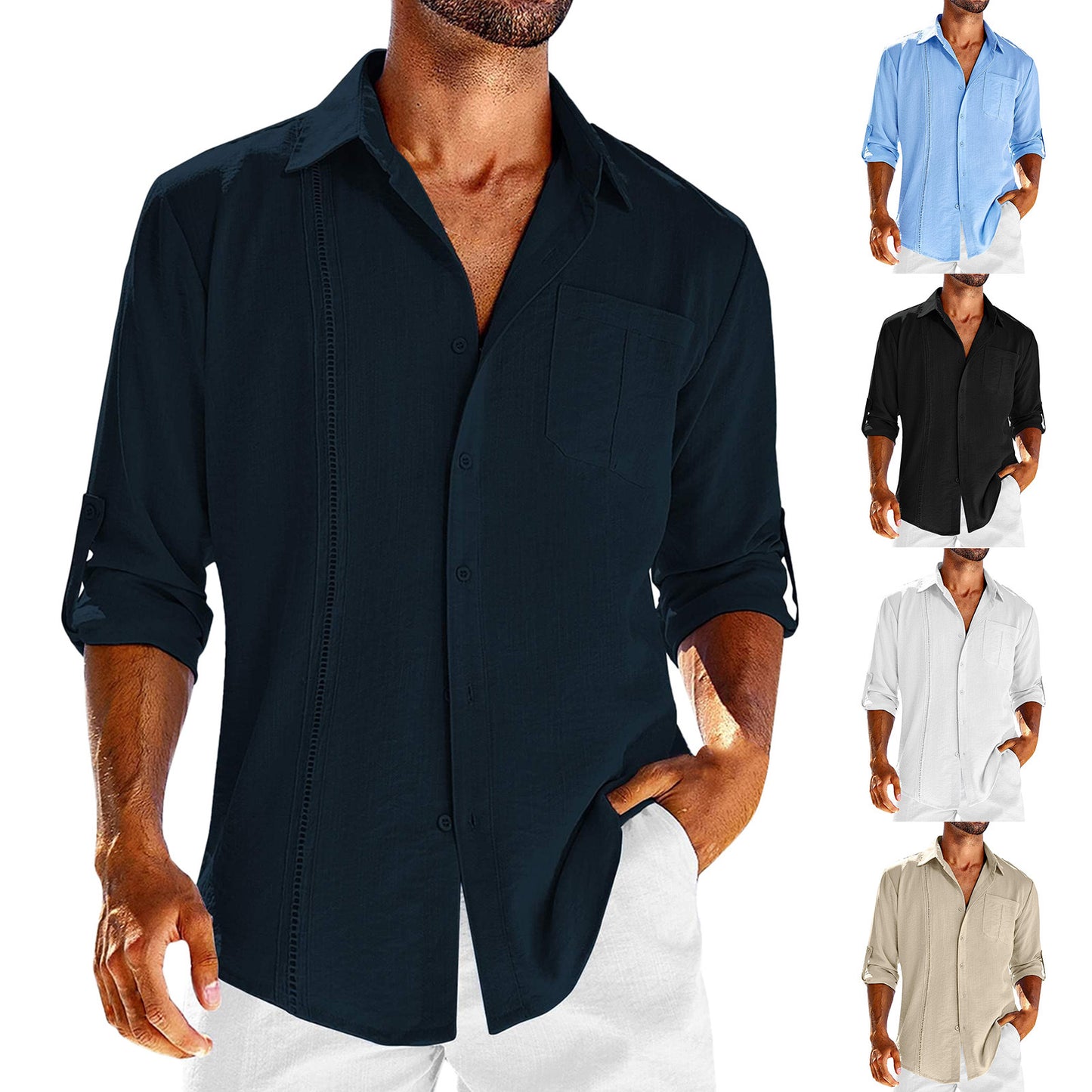 Casual  Long Sleeve Shirt With Pocket Lace Polo Collar Solid Color Button Mens Clothing - globaltradeleader