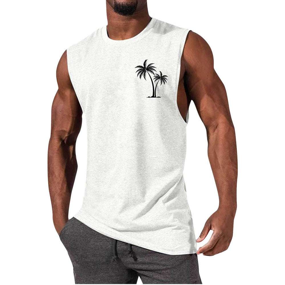 Coconut Tree Embroidery Vest Summer Beach Tank Tops Workout Muscle Men Sports Fitness T-shirt - globaltradeleader