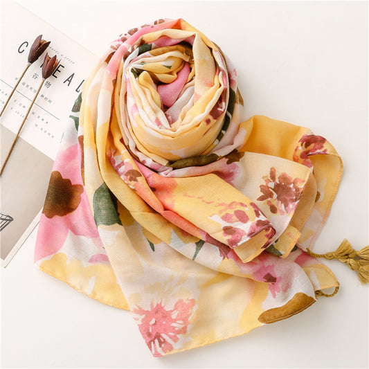 New Blooming Color Cotton And Linen Feel Scarf Soft Shawl