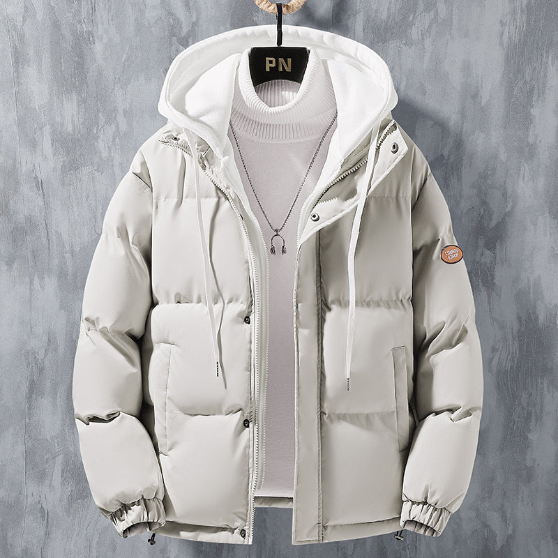 Fashion Hooded Jacket Men Winter Windproof Thickened Fake Two-piece Coat Solid Leisure Sports Cotton Jacket - globaltradeleader