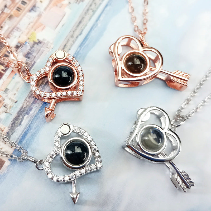 925 Silver One Arrow Through Heart Double Necklace Heart-to-heart Necklace Double Projection 100 Languages Net Red Necklace