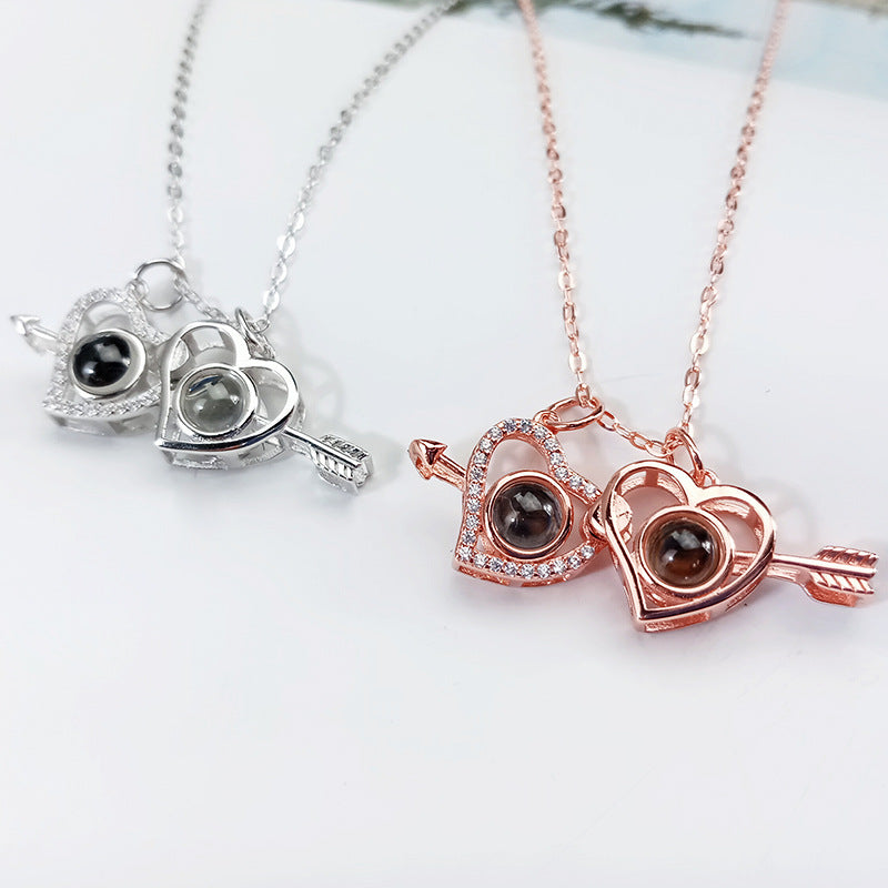 925 Silver One Arrow Through Heart Double Necklace Heart-to-heart Necklace Double Projection 100 Languages Net Red Necklace