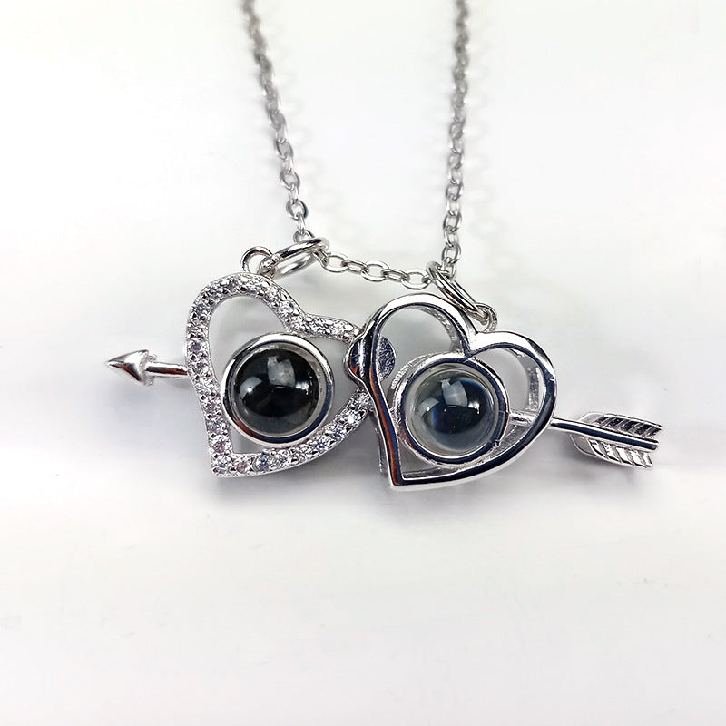 925 Silver One Arrow Through Heart Double Necklace Heart-to-heart Necklace Double Projection 100 Languages Net Red Necklace