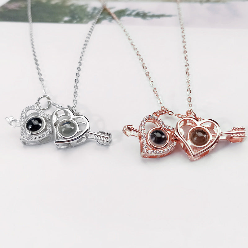 925 Silver One Arrow Through Heart Double Necklace Heart-to-heart Necklace Double Projection 100 Languages Net Red Necklace