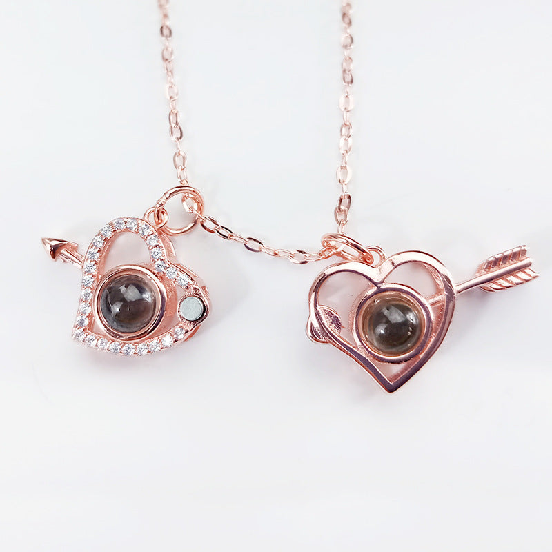 925 Silver One Arrow Through Heart Double Necklace Heart-to-heart Necklace Double Projection 100 Languages Net Red Necklace