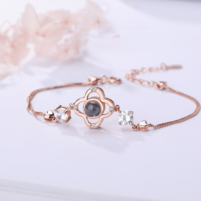 925 Sterling Silver 100 Languages I Love You Custom Projection Four-leaf Clover Bracelet Vibrato The Same Bracelet Female
