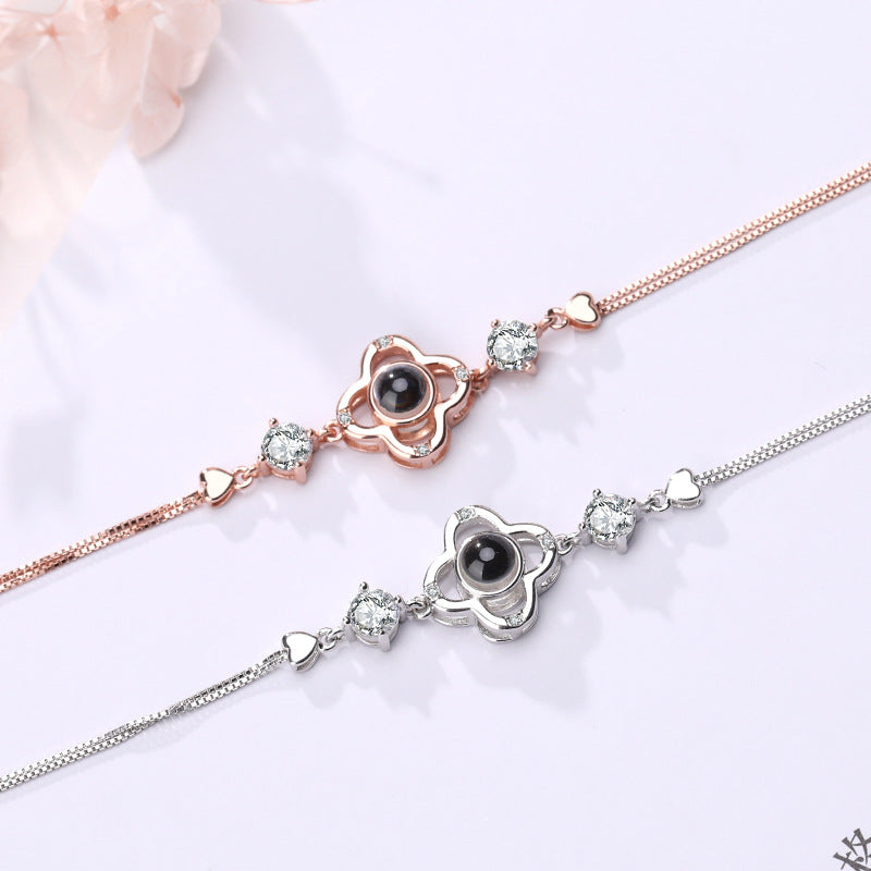 925 Sterling Silver 100 Languages I Love You Custom Projection Four-leaf Clover Bracelet Vibrato The Same Bracelet Female