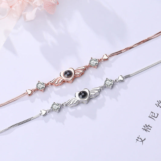 925 Sterling Silver Projection Custom Heart-shaped Angel Wings Bracelet In 100 Languages
