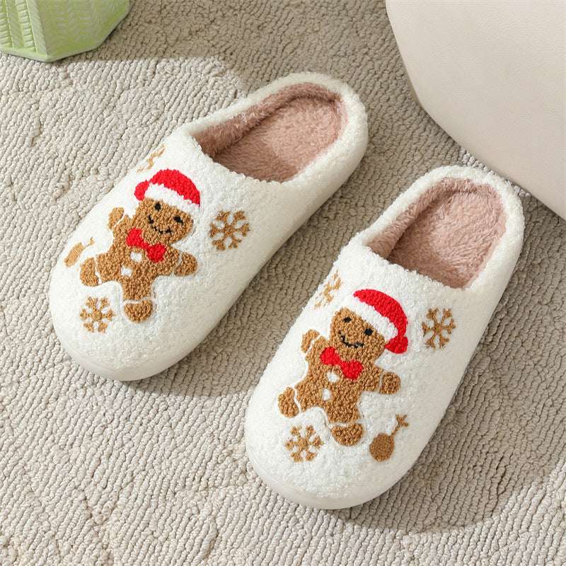 Christmas Snowflake Gingerbread Slippers Winter Indoor Non-slip Floor Bedroom Fuzzy House Shoes For Women Home Slippers - globaltradeleader