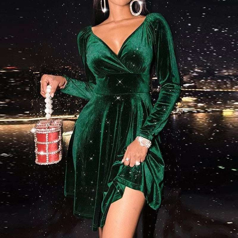 Autumn Festival Christmas Long Sleeve V-neck Dress - globaltradeleader