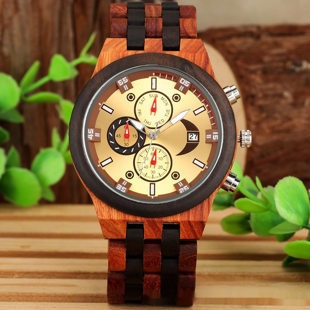 New Multi-functional Calendar Full Wood Band Quartz Watch - globaltradeleader