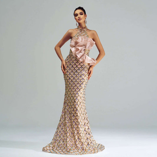 Halter Sequined Mermaid Evening Dress - globaltradeleader