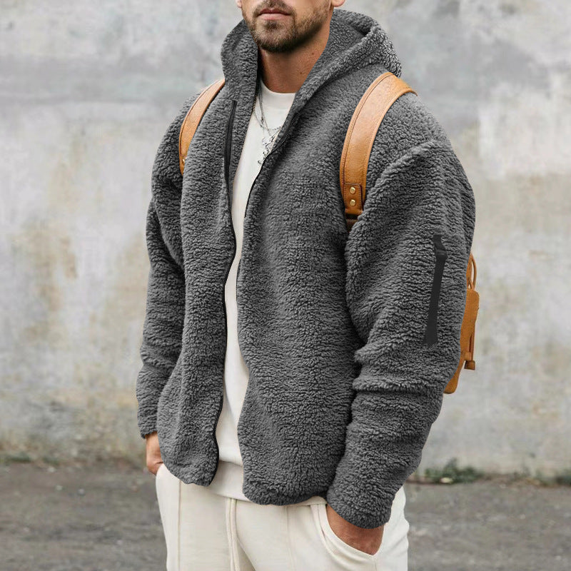 Plush Hooded Jacket Men's Autumn And Winter Fleece Double-sided Wear Warm Coat With Zipper Loose Casual Jacket Outdoor Clothing - globaltradeleader