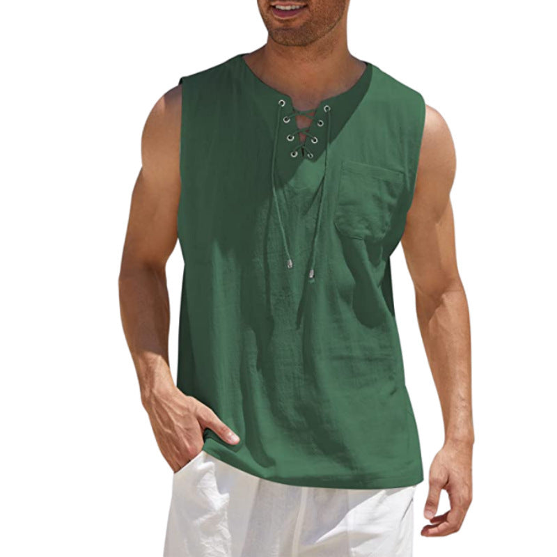 Tank Vest Men Shirt Collar Tie Short Sleeve T-Shirt