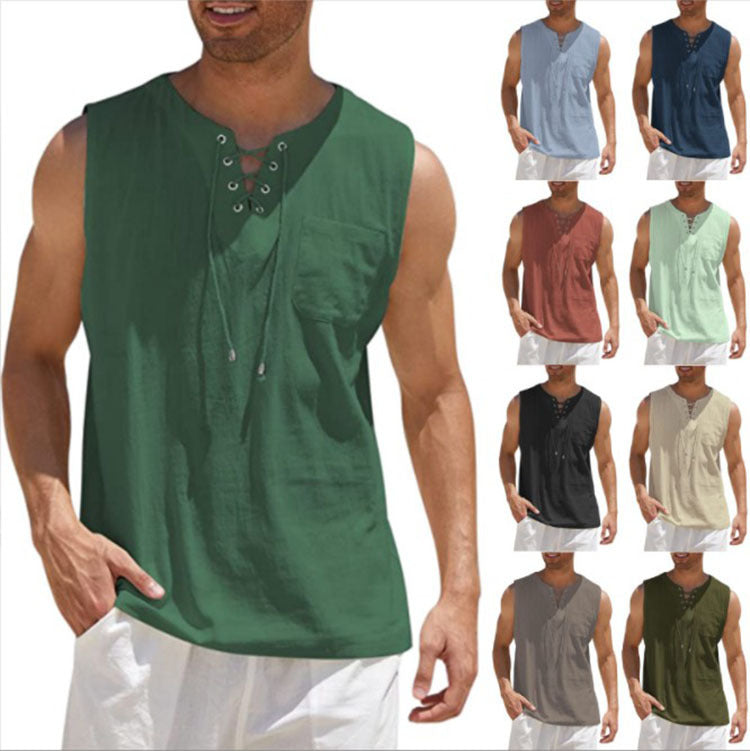 Tank Vest Men Shirt Collar Tie Short Sleeve T-Shirt