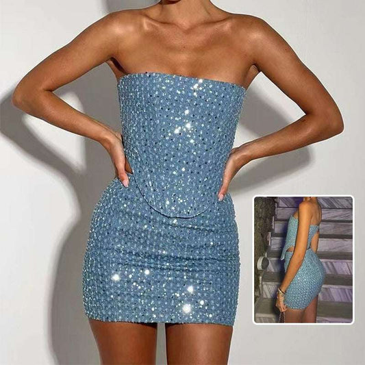2pcs Denim Sequins Skirt Suit With Sexy Tube Top And Slim Skirt Y2K Ins Fashion Clothing For Women - globaltradeleader