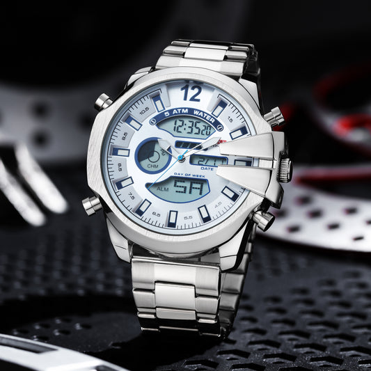 New Men's Double Display Alarm Clock Led Sports Steel Watch Waterproof - globaltradeleader