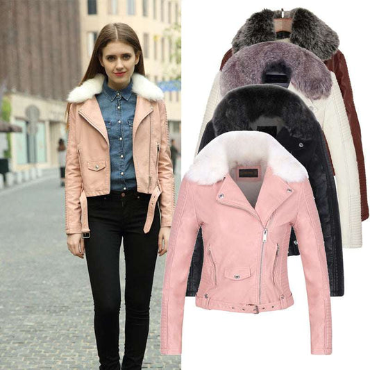 Coat Women's Autumn And Winter European And American Women's Slim Fit Fur Collar Pu Leather Short Leather Women's Jacket