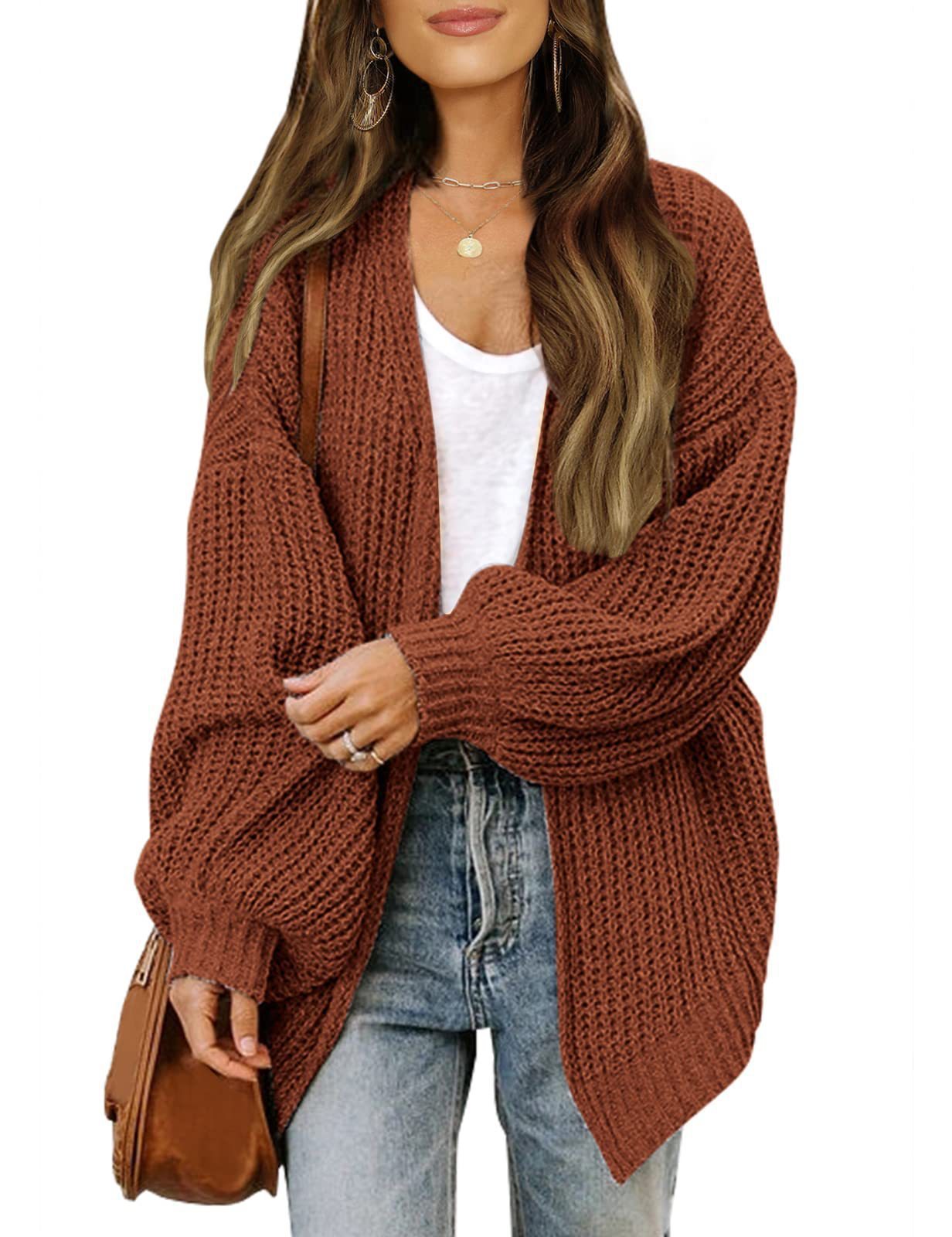 Fashion Lantern-sleeved Sweater With Pockets Casual Loose Solid Knit Cardigan Autumn Tops Womens Clothing - globaltradeleader