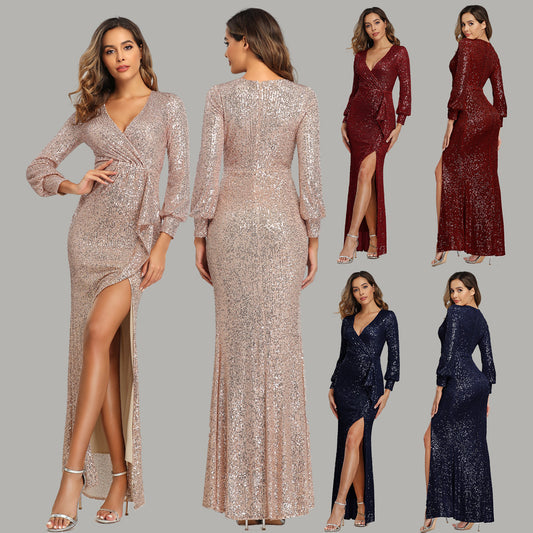 Fantasy Celebrity Sexy High Slit Long Sleeve Sequined Banquet Evening Dress Women - globaltradeleader