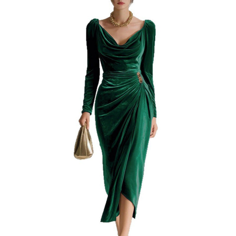 Long Sleeve Pleated Long Slit Velvet Sheath Dress - globaltradeleader