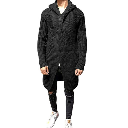 Long Knitted Hooded Sweater Coat Men Solid Color Button Casual Clothes - globaltradeleader