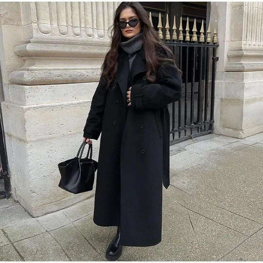 Women's Fashion With Belt Wool Large Coat - globaltradeleader