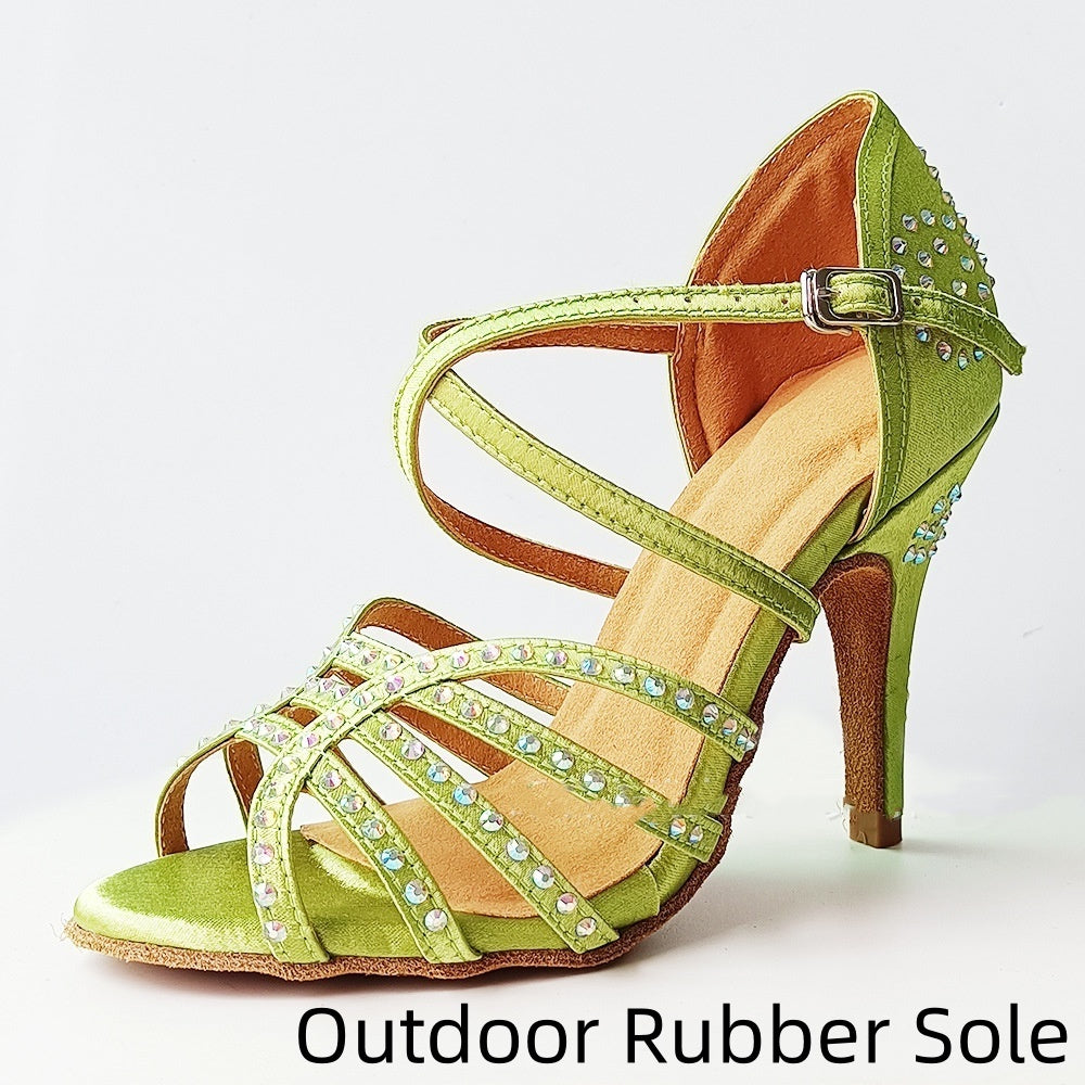 Green Rhinestone Latin Dance Shoes Women's High Heel Dancing Shoes - globaltradeleader