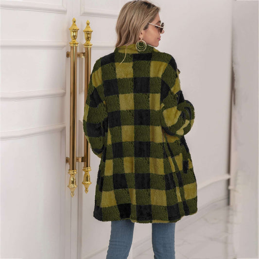 Colorblock Plaid Fleece Jacket Fashion Single Breasted Long Jacket Women's Clothing - globaltradeleader