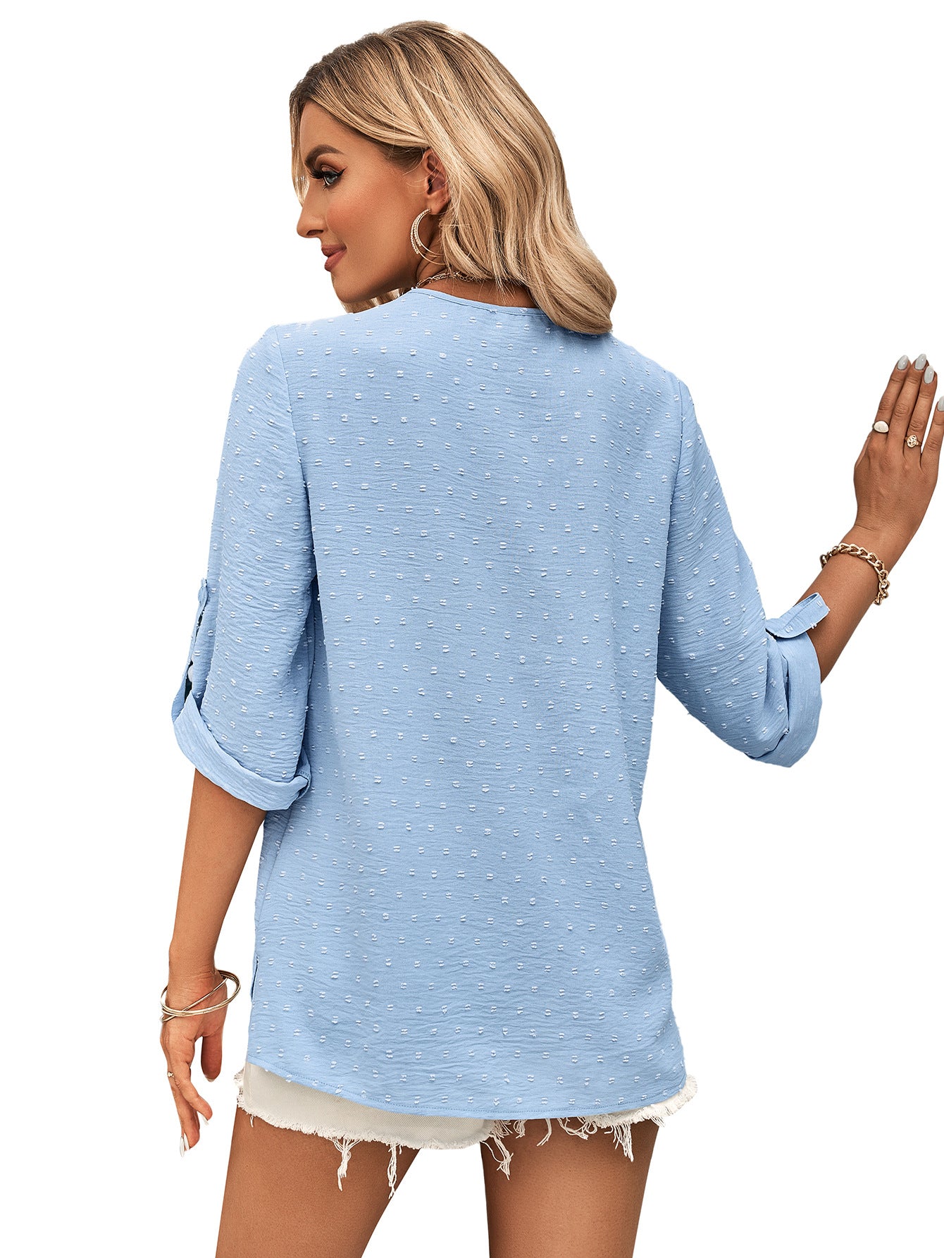 Spring And Summer Women's Clothing Fashion Solid Color Loose V-neck 34 Sleeves Top - globaltradeleader