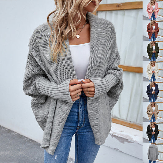 New Loose Knitted Sweater Solid Color Bat Sleeve Large Lapel Cardigan Autumn And Winter Fashion Jacket For Women Clothing - globaltradeleader