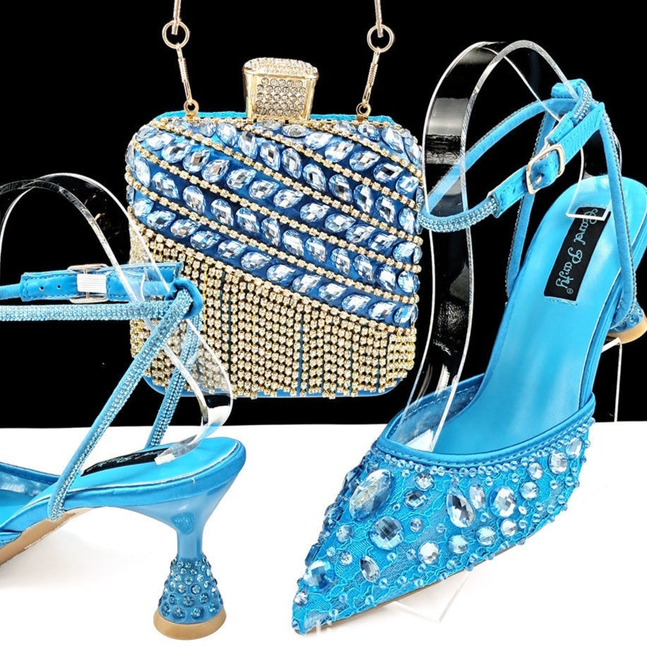 Large Rhinestone High Heel Sandals Three-dimensional Tassel Handbag Set - globaltradeleader