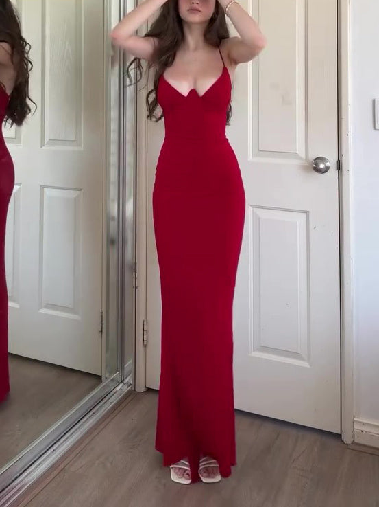 Red Sexy Tight V-neck Maxi Dress - globaltradeleader
