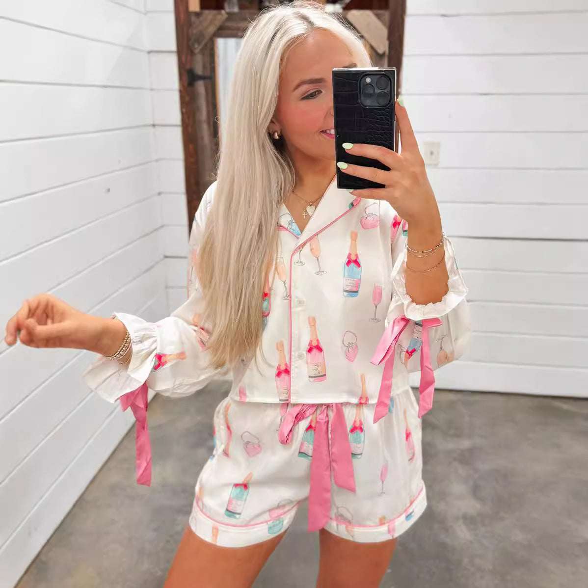 Christmas Bow Long Sleeve Pajamas Shorts Suit - globaltradeleader