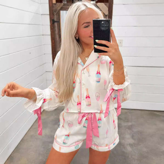 Christmas Bow Long Sleeve Pajamas Shorts Suit - globaltradeleader